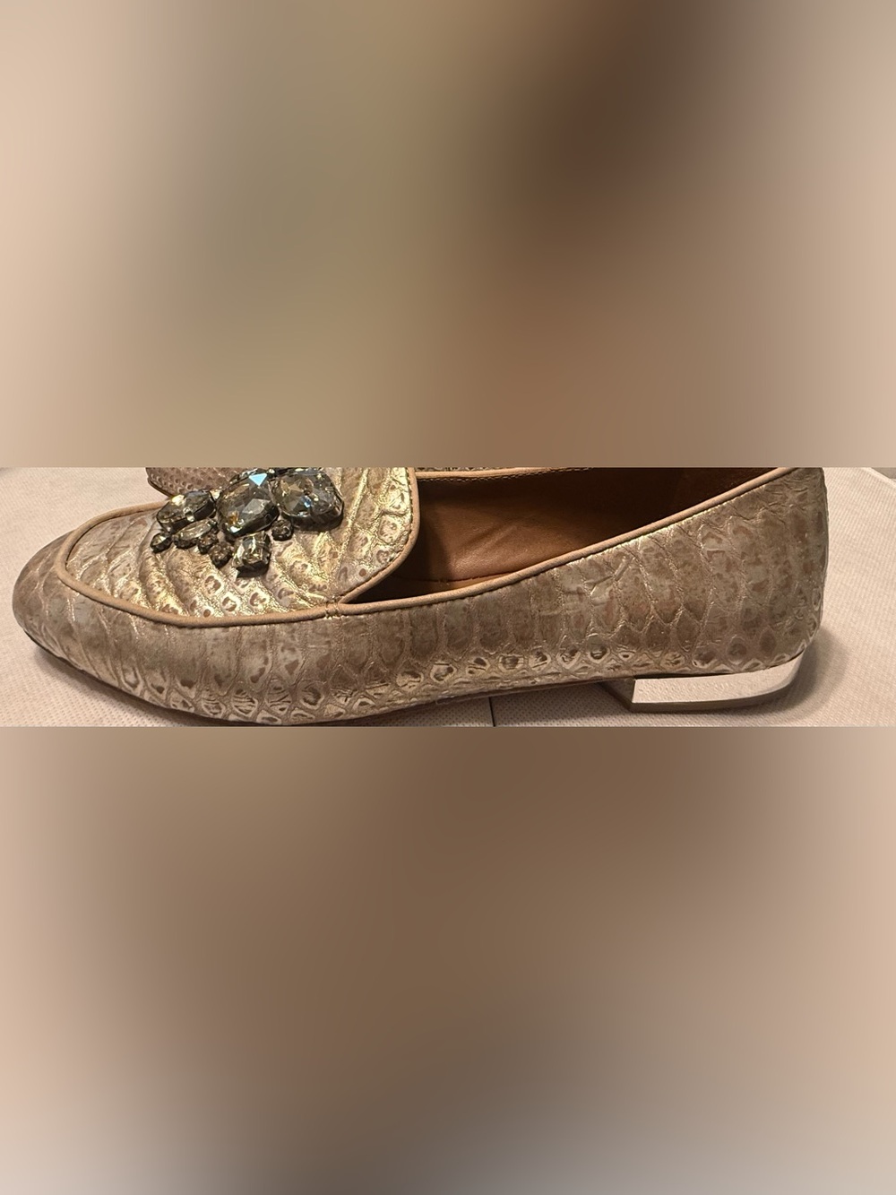 Donald J. Pliner Champagne Snakeskin Pattern Embellished Loafers - Picture 8 of 14
